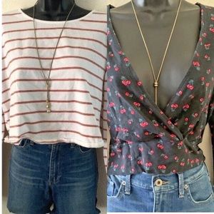 Wild Fable Top Lot of 2 Size XXL Long Sleeve Crop Cherries ruffle Striped Tee